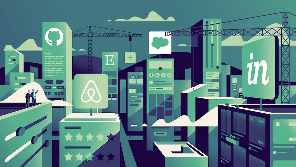 Jack Daly, Digital Illustration of cityscapes which mirror apps including Airbnb and Etsy.